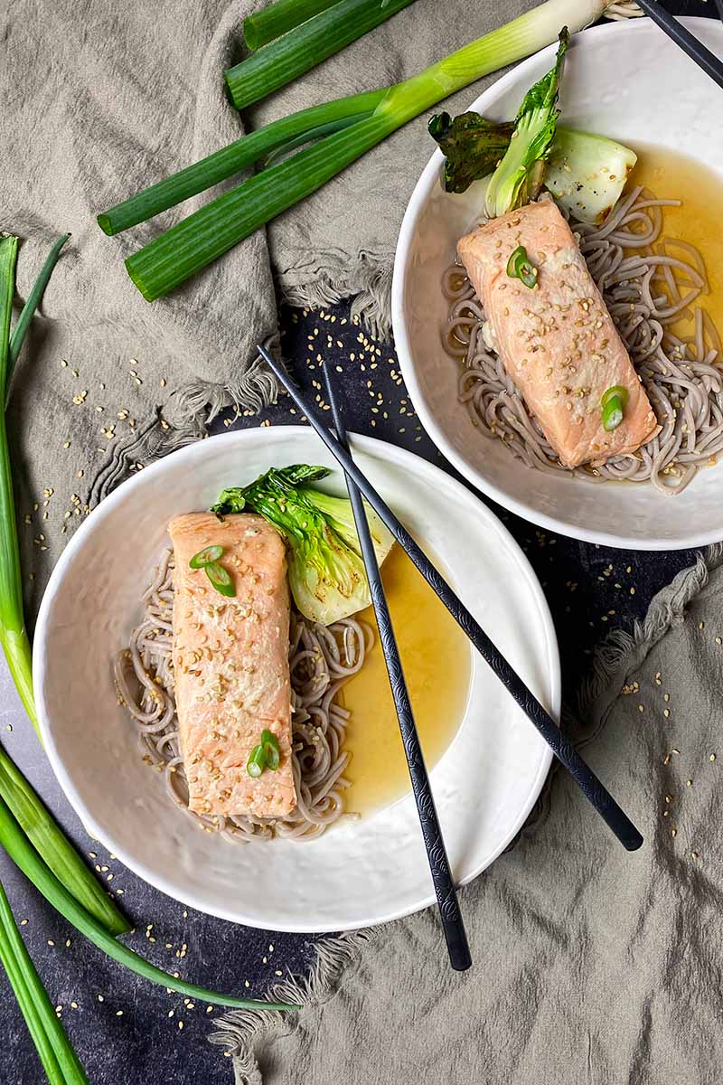 Vertical image of two white bowls with broth, noodles, and fish garnished with bok choy and scallions on tan towels.