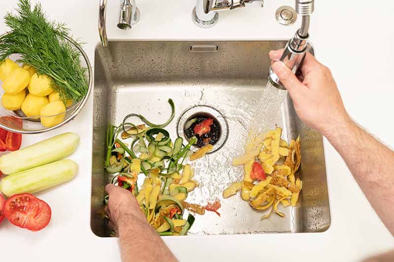Horizontal image of a sink filled with vegetable peelings.