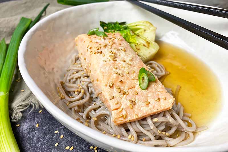 Horizontal image of a cooked fish fillet with broth and noodles in a bowl.