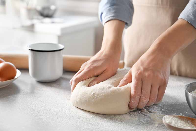 Horizontal image of kneading bread dough with hands.