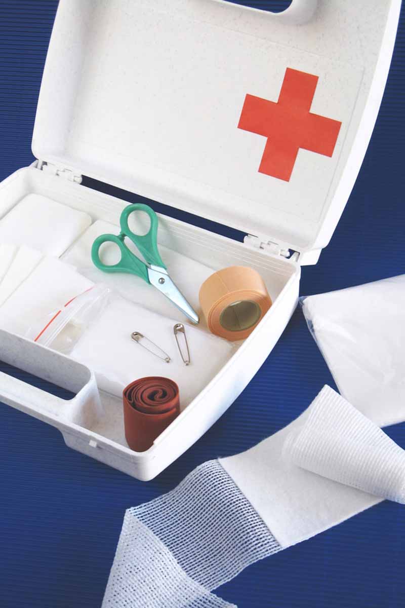 Vertical image of a first aid kit on a dark blue surface.