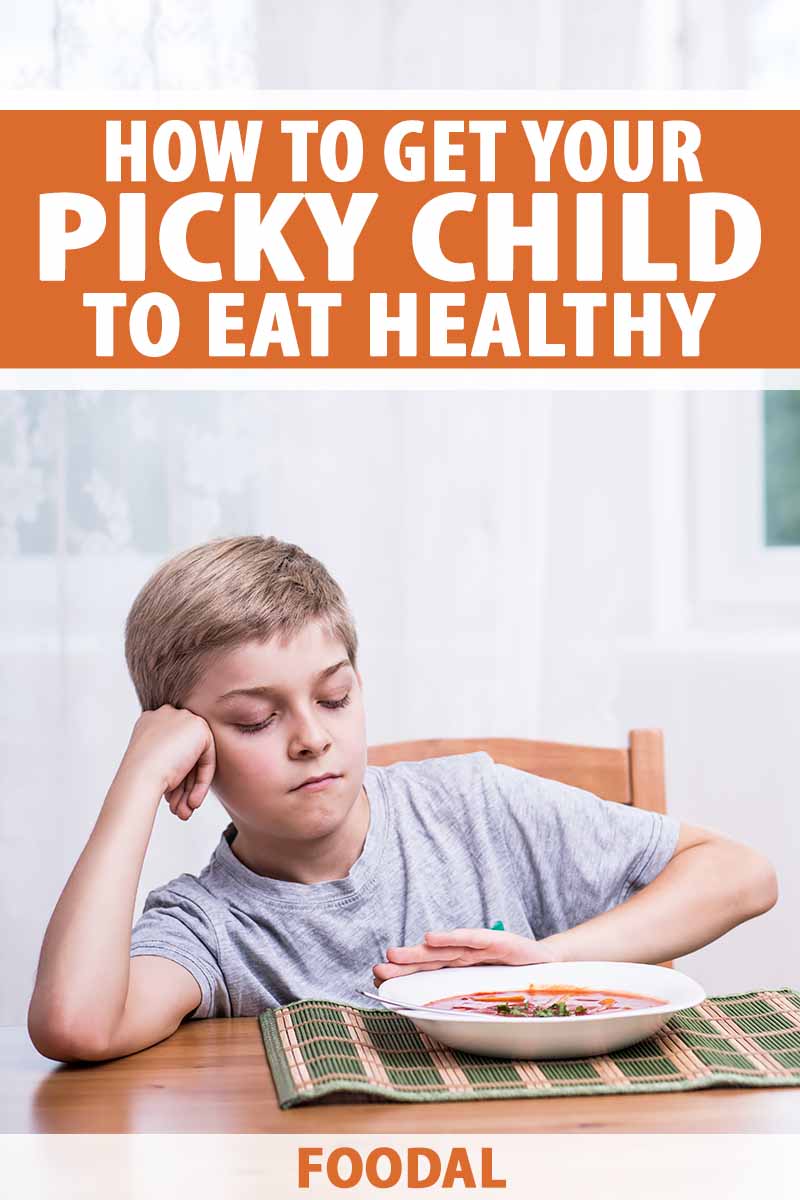 Vertical image of a boy refusing to eat food in a bowl, with text on the top and bottom of the image.
