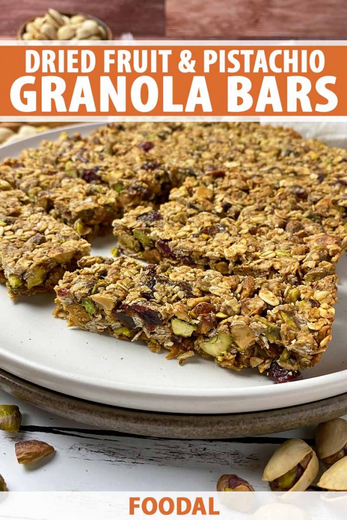 Vertical image of oat bars on plates, with text on the top and bottom of the image.
