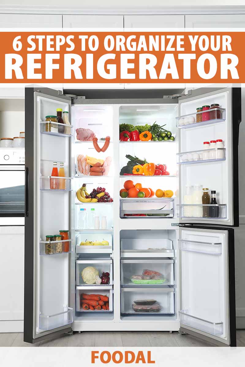 Vertical image of an open refrigerator full of full, with text on the top and bottom of the image.