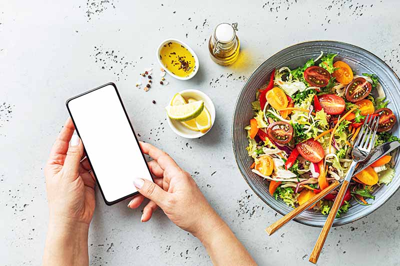 Horizontal image of a smartphone in a woman's hands next to a salad.
