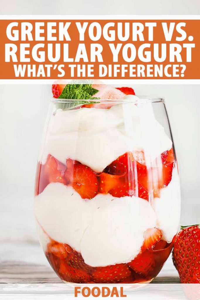 Vertical image of a glass bowl filled with a parfait with strawberries and mint garnish, with text on top and bottom.
