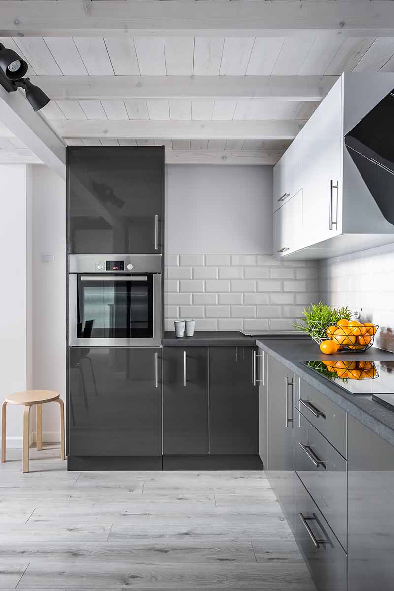 Vertical image of a wall oven in a modern kitchen.