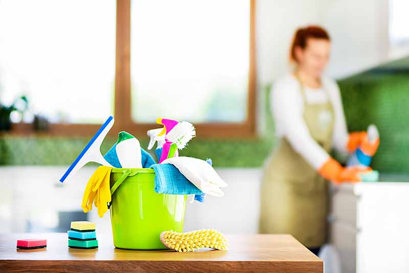 Horizontal image of a woman wearing an apron working and wiping a countertop next to a bucket filled with supplies.