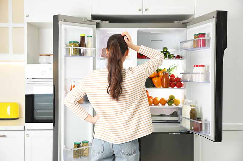 Horizontal image of a woman figuring out what food to eat in the kitchen.