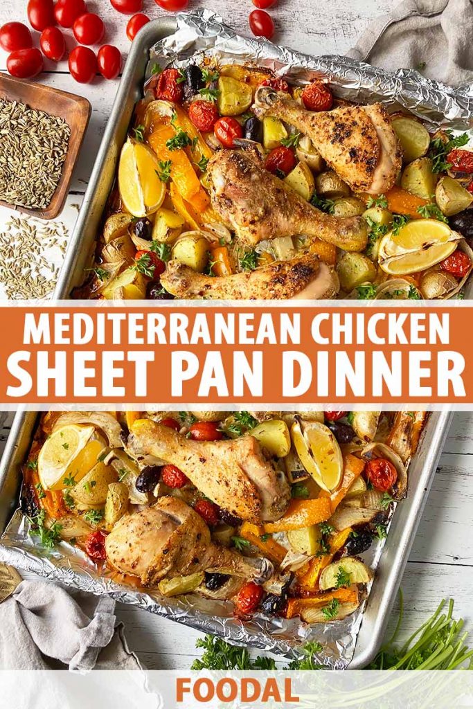 Vertical image of a sheet pan meal with meat and vegetables, with text in the middle and on the bottom of the image.