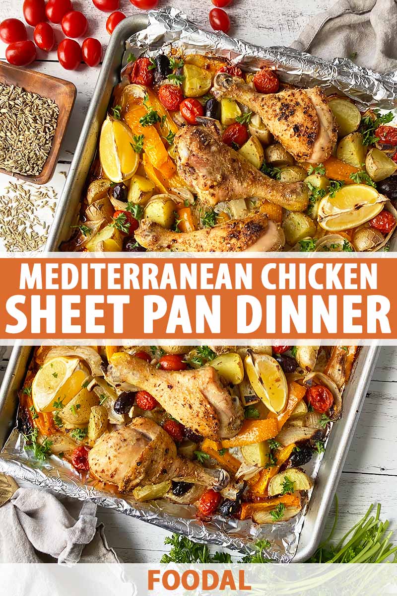 Vertical image of a sheet pan meal with meat and vegetables, with text in the middle and on the bottom of the image.
