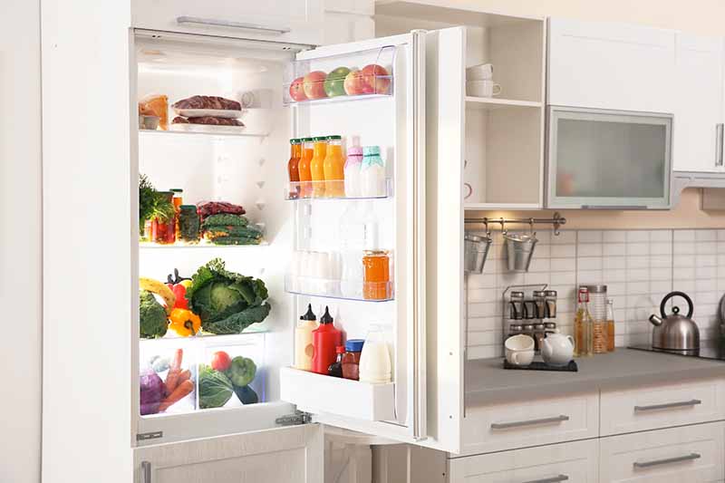 Horizontal image of an open refrigerator full of full on each shelf.