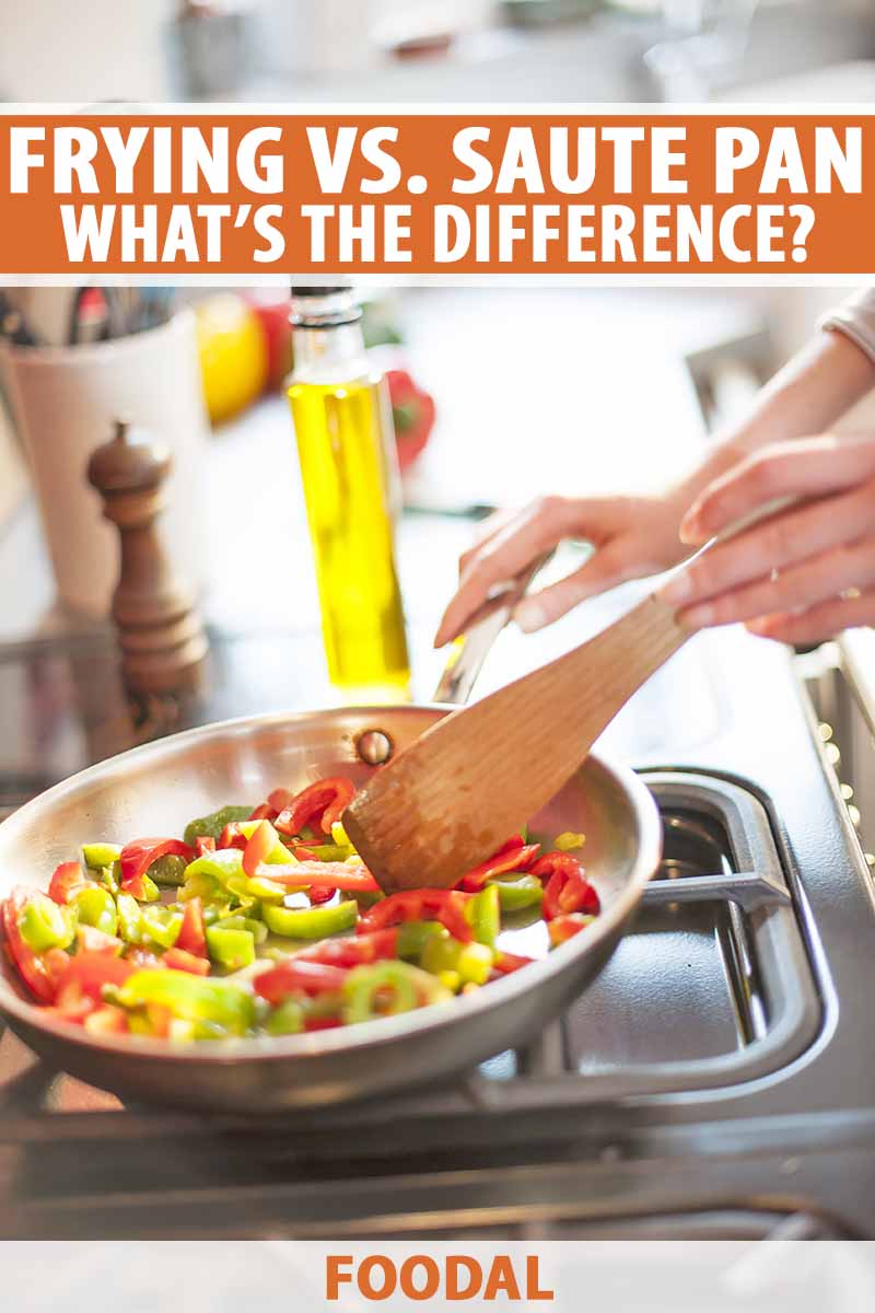 Vertical image of cooking assorted vegetables on a stovetop, with text on the top and bottom of the image.