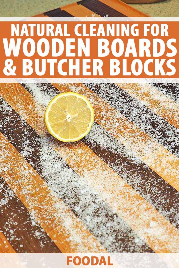Vertical image of salt and lemon on top of a butcher block, wiht text on the top and bottom of the image.