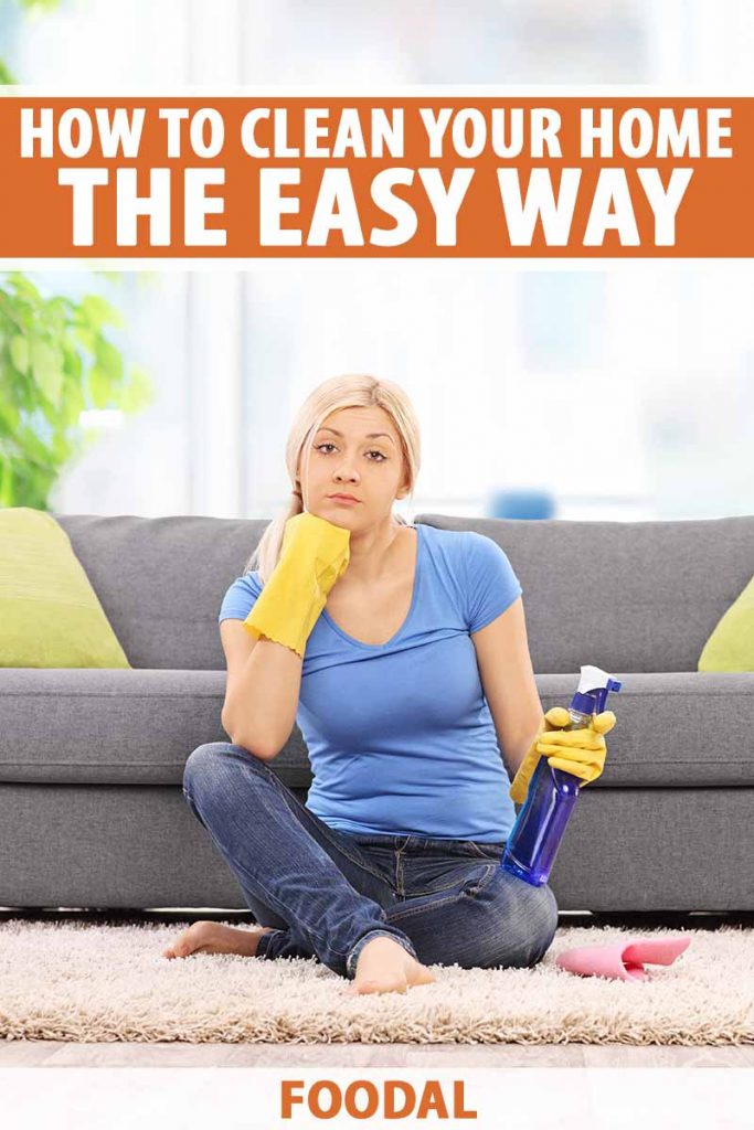 Vertical image of a tired woman wearing yellow dish gloves sitting on the floor, with text on the top and bottom of the image.