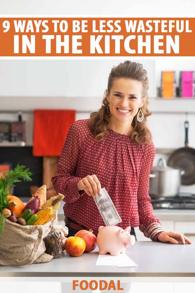 Vertical image of a woman saving money in a piggy bank on a countertop next to groceries in a bag.