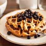 Horizontal image of fluffy waffles on a white plate topped with dark purple fruit on a breakfast table next to bowls, glasses, coffee, and mugs.
