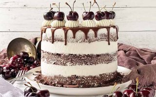 Horizontal image of a layered torte garnished with ganache and fresh fruit.