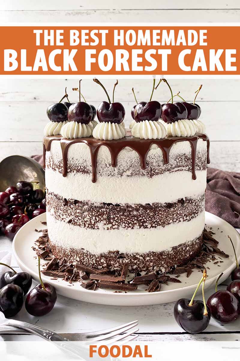 Vertical image of a layered torte with whipped cream frosting, ganache, and fruit garnishes, with text on the top and bottom of the image.