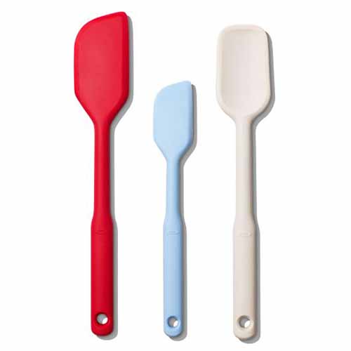 Image of the OXO Good Grips 3-Piece Spatula Set, in three colors.