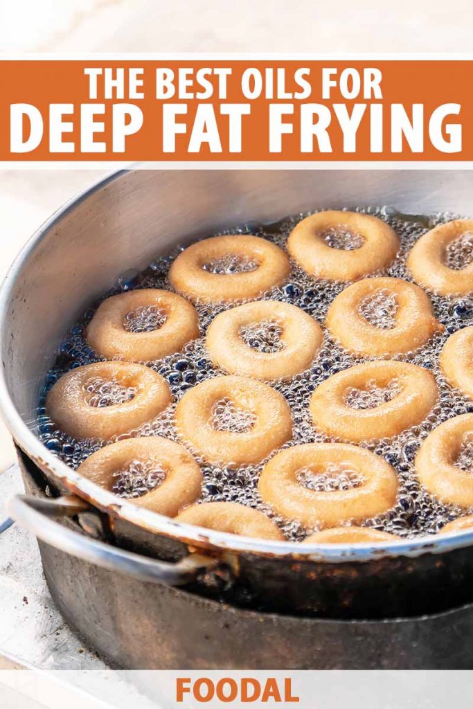 Vertical image of cooking doughnuts in a large pot, with text on the top and bottom of the image.