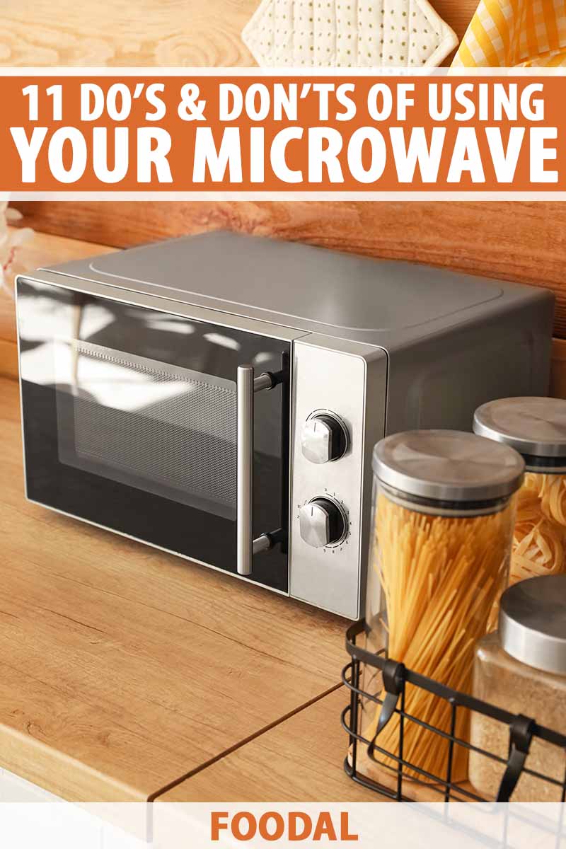 Vertical image of a metal electric appliance on a kitchen countertop next to jars of dried pasta, with text on the top and bottom of the image.
