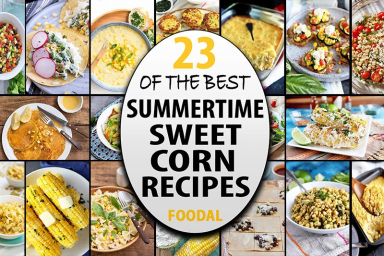 Horizontal image of a collage of summer recipes, with a label in the center of the image.