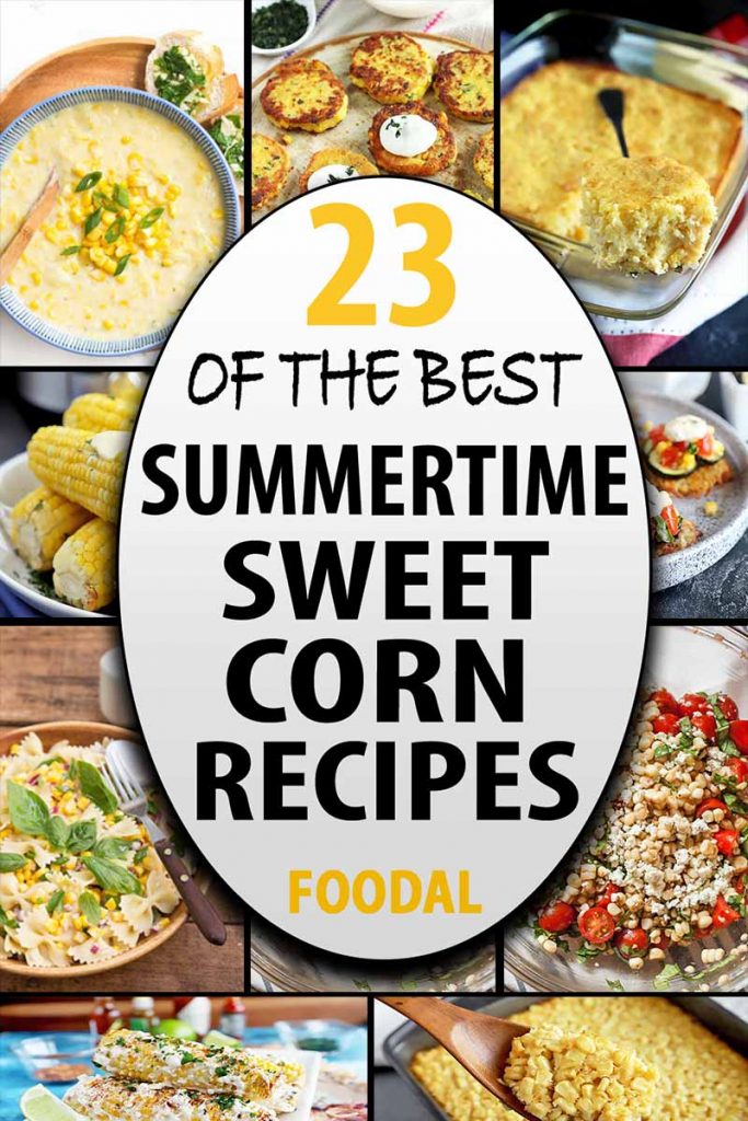 Vertical image of a collage of summer recipes, with a label in the center of the image.