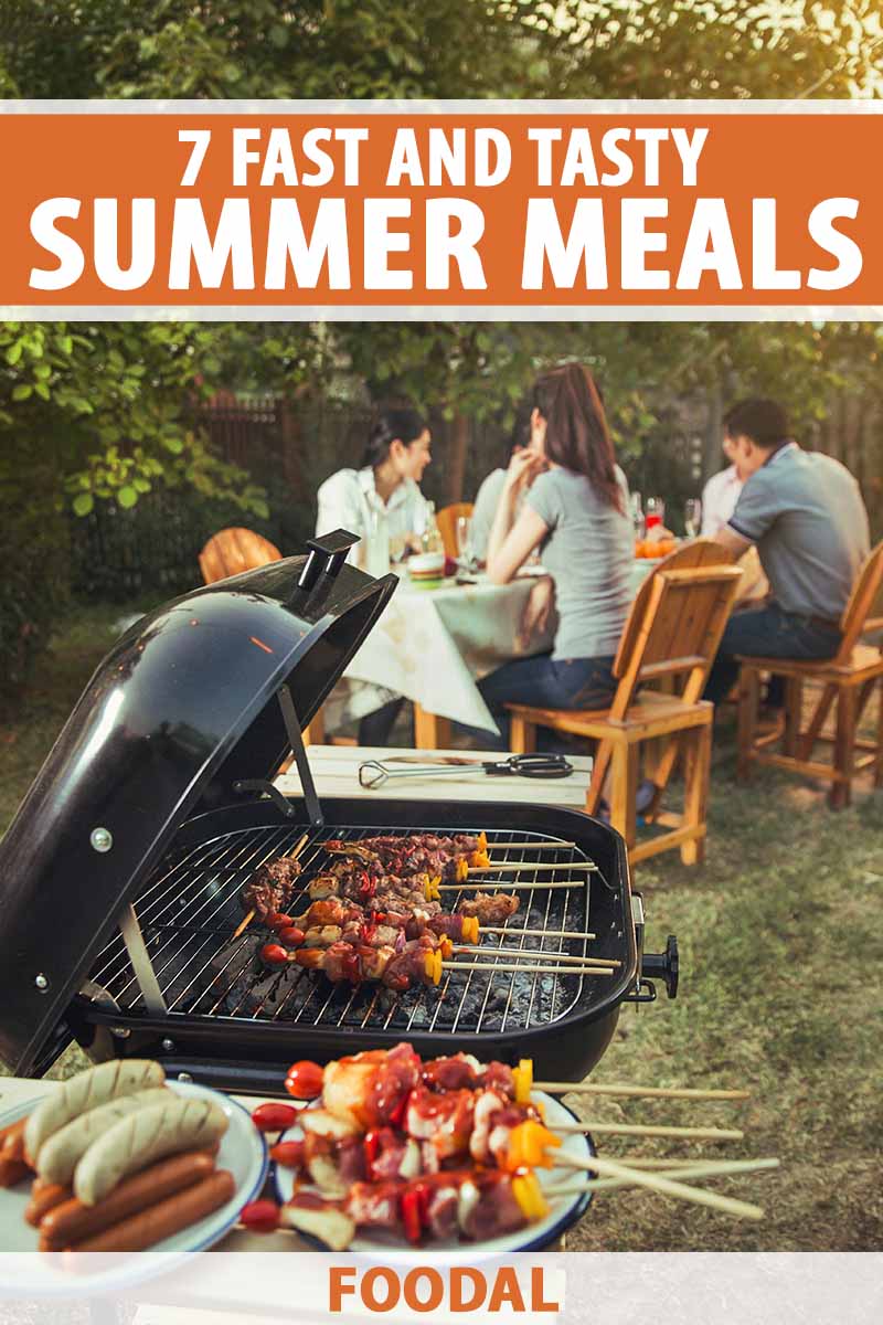 Vertical image of an outdoor dinner party next to an open grill with assorted food, with text on the top and bottom of the image.