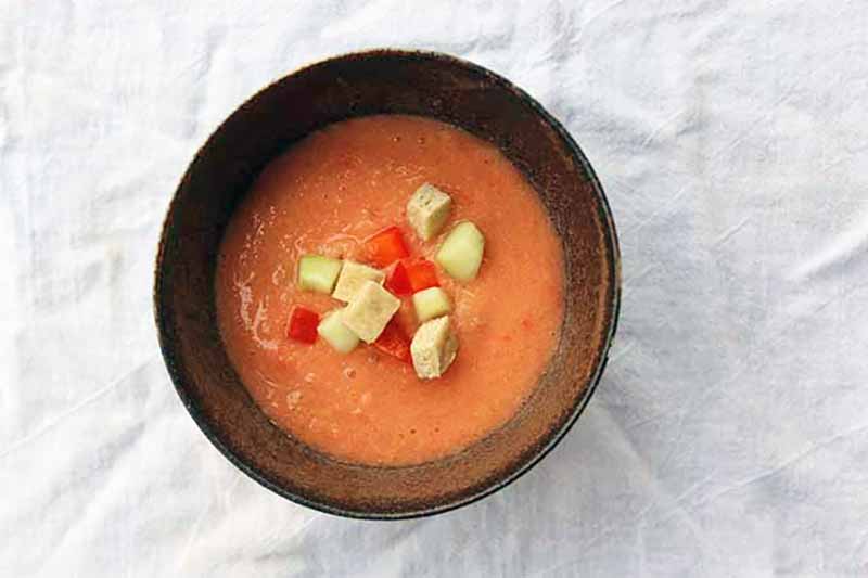 Horizontal image of gazpacho topped with bread cubes and vegetables.