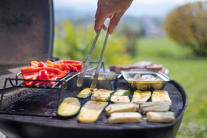 Horizontal image of preparing assorted vegetables on a barbecue.