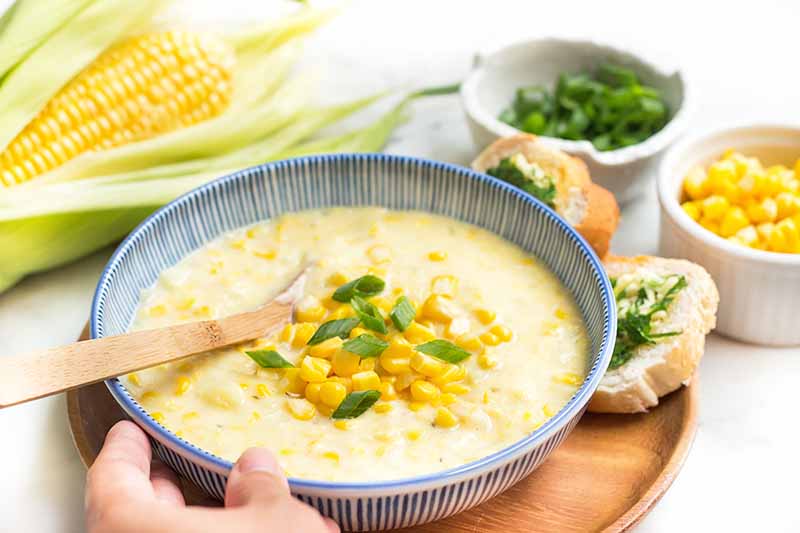 Horizontal image of a hand holding a bowl of chowder topped with bright garnishes.