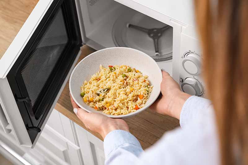 Horizontal image of a woman heating her leftovers in a bowl.