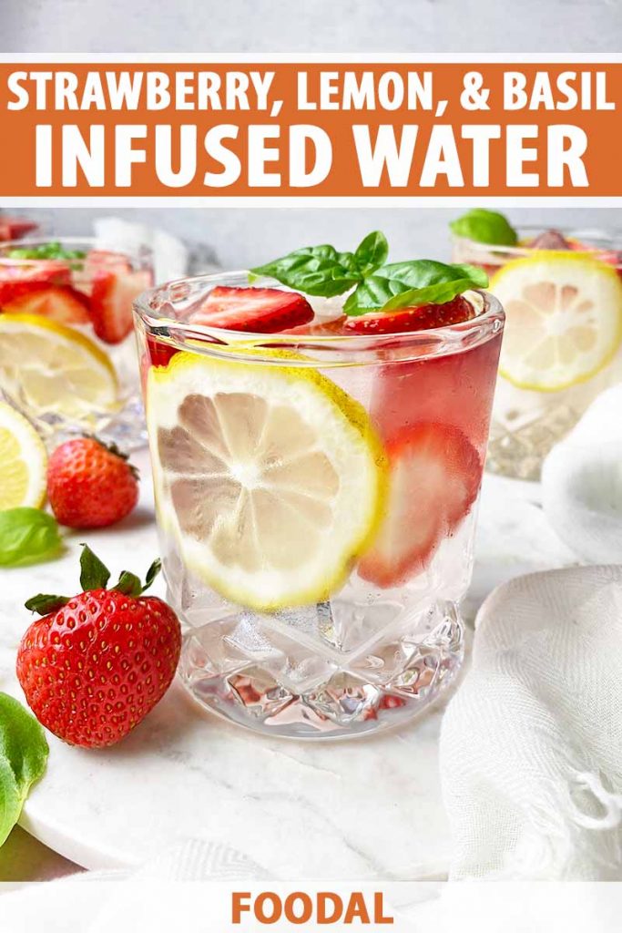 Vertical image of glasses filled with a clear beverage mixed with slices of fresh fruit and an herb garnish, with text on the top and bottom.