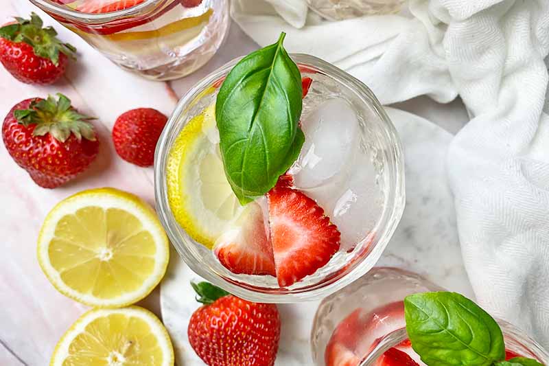 Horizontal top-down image of glasses filled with a clear liquid mixed with slices of strawberry and lemon and garnished with basil.