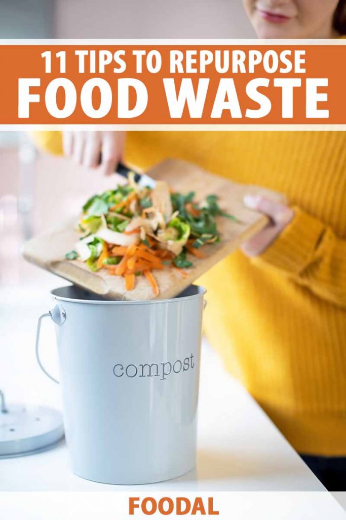 Vertical image of a woman in a yellow sweater putting compost materials in a compost bin on a white countertop.