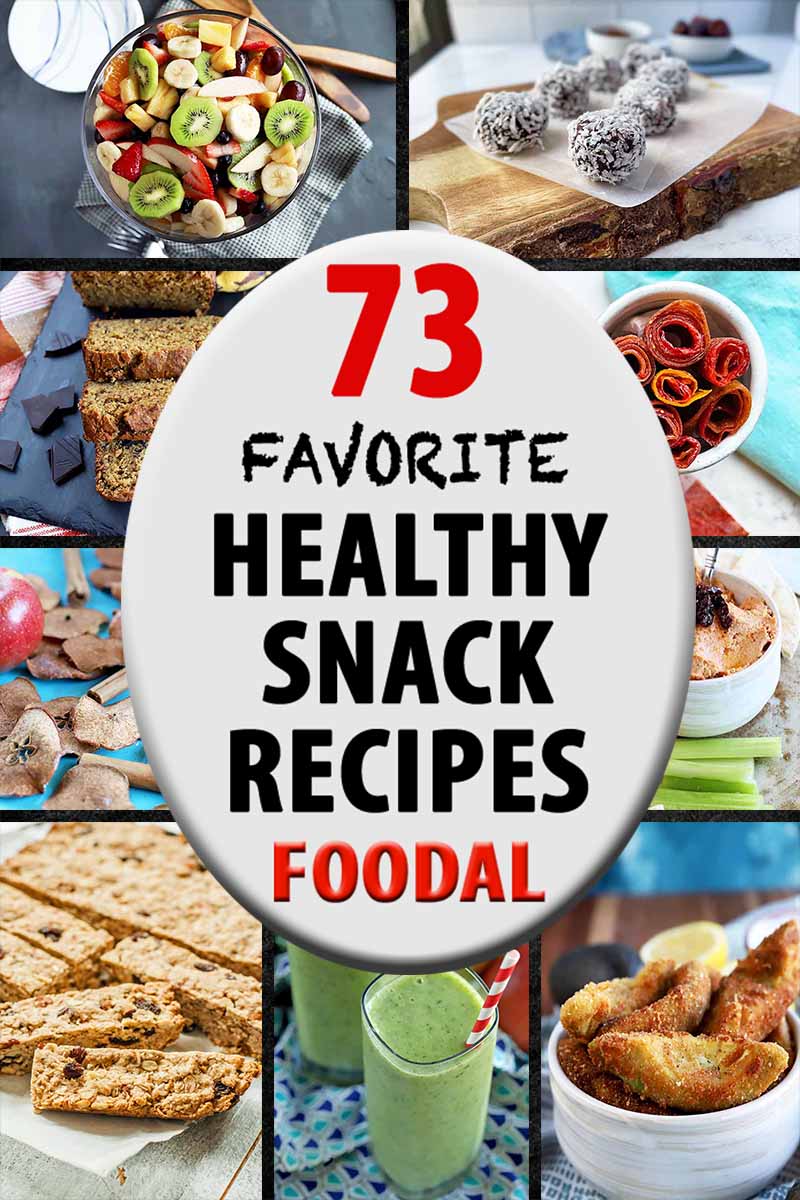 Vertical image of a collage of various healthy snack food recipes, with a label in the center.