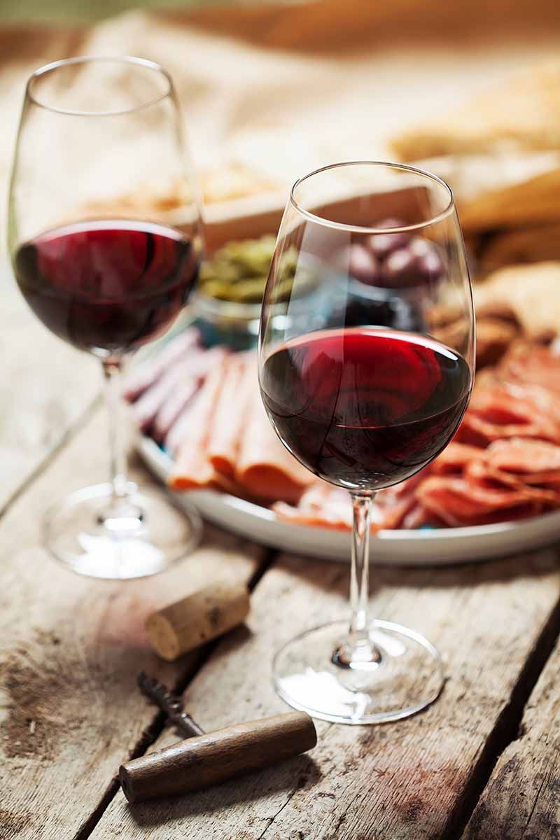 Vertical image of two glasses filled with red wine on a table next to a charcuterie plate.