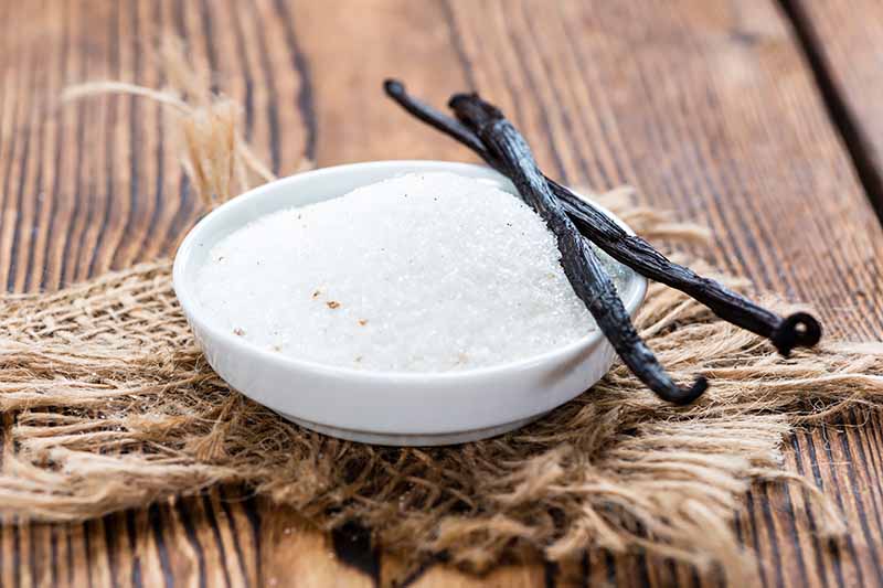 Horizontal image of a bowl of granulated sugar next to vanilla beans.