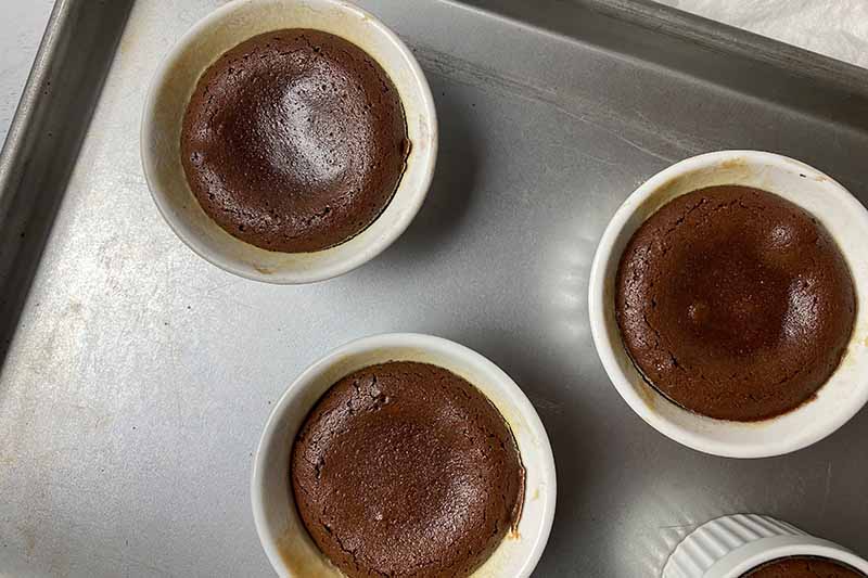 Horizontal image of partially baked chocolate cakes in ceramic bowls on a baking sheet.