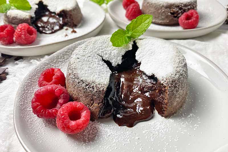 Horizontal image of three plates with chocolate cakes cut in half to reveal a gooey center, with raspberries and mint leaves as garnishes.