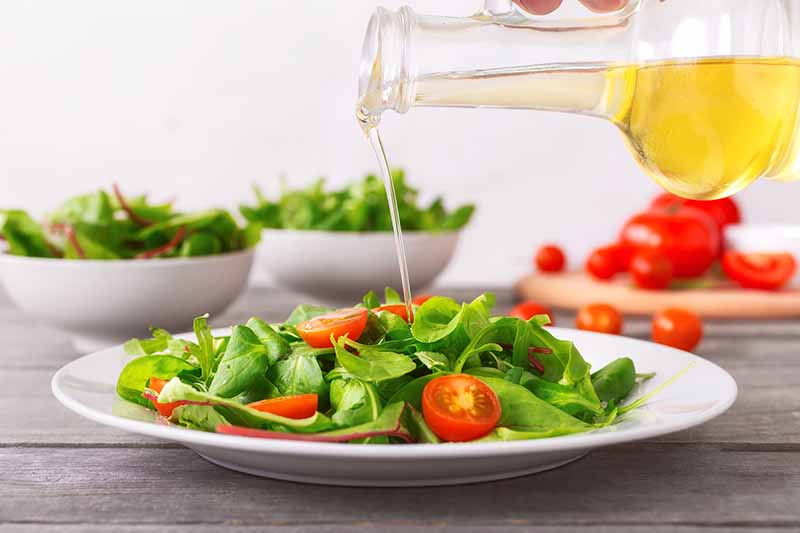Horizontal image of pouring dressing over a salad in a white plate on a table.