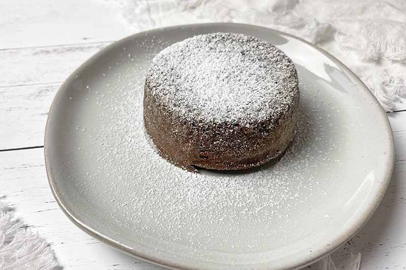 Horizontal image of a mini individual baked dessert lightly dusted with powdered sugar.