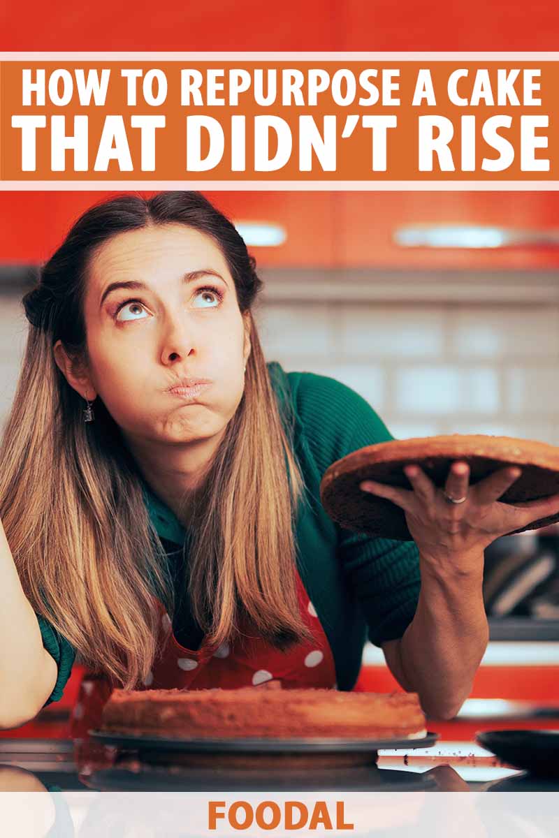 Horizontal image of a stressed woman trying to bake in the kitchen, with text on the top and bottom of the image.