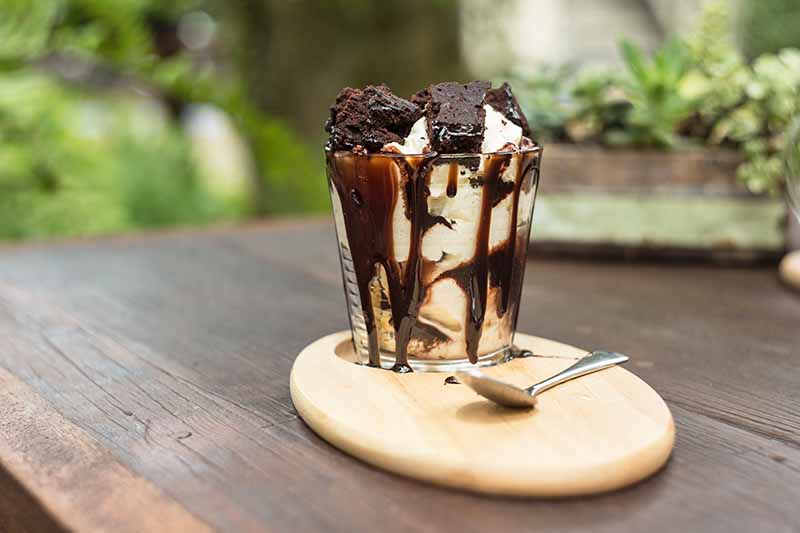 Horizontal image of a hot fudge dessert in a glass dish on a wooden board next to a spoon.