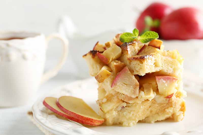 Horizontal image of a slice of bread pudding on a plate with apples.
