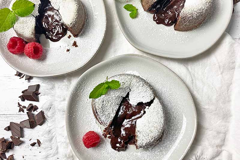 Horizontal top-down image of white plates with mini cakes with a lava-like center dusted with powdered sugar and garnished with mint and raspberries.