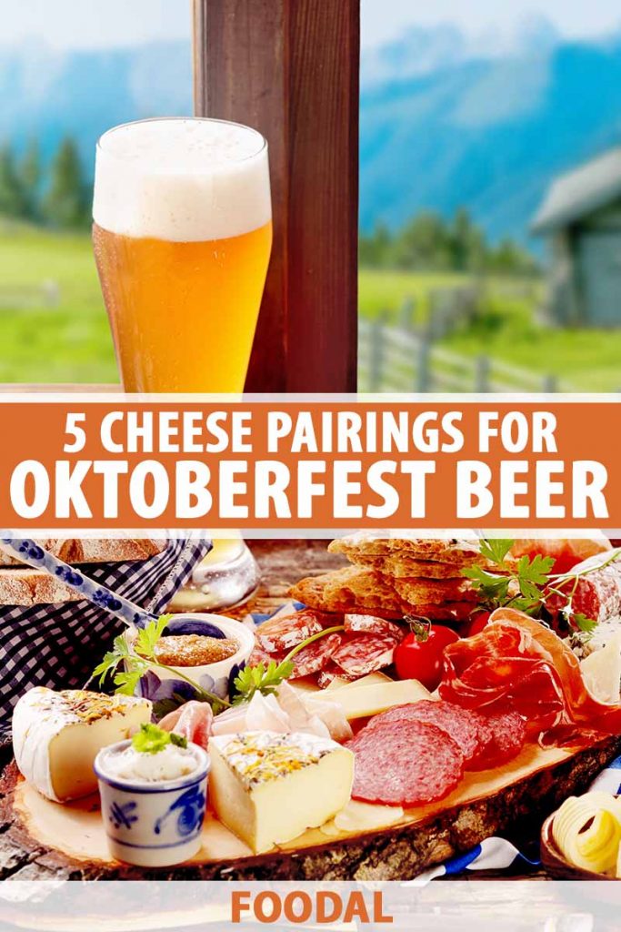 Vertical image of an assorted charcuterie board in front of a large glass of beer overlooking an outdoor mountain setting.