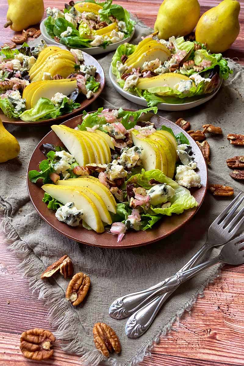 Vertical image of four salads on small plates resting on a tan towel next to fruit, pecans, and metal forks.