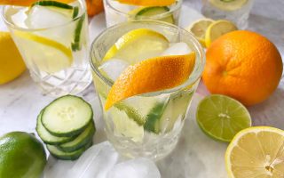 Horizontal image of glasses filled with ice, a clear liquid, and slices of fresh produce, with a thin rind as garnish.